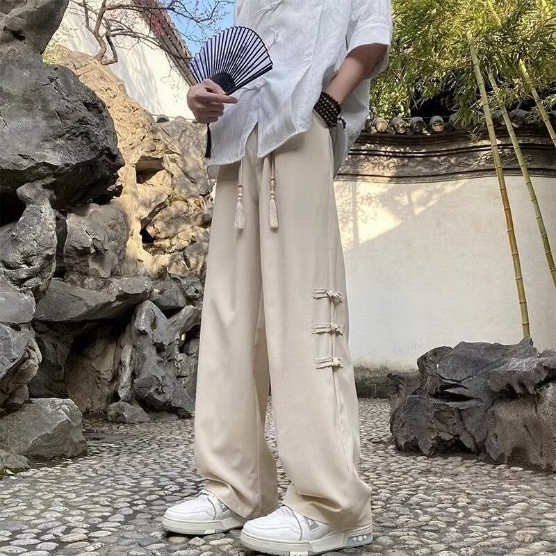 Overalls Pants For Men And Women Early Autumn All-Match New Loose American Style High Street Pleated Chinese Knot Fashion Casual Wide Leg Pants - Image 2